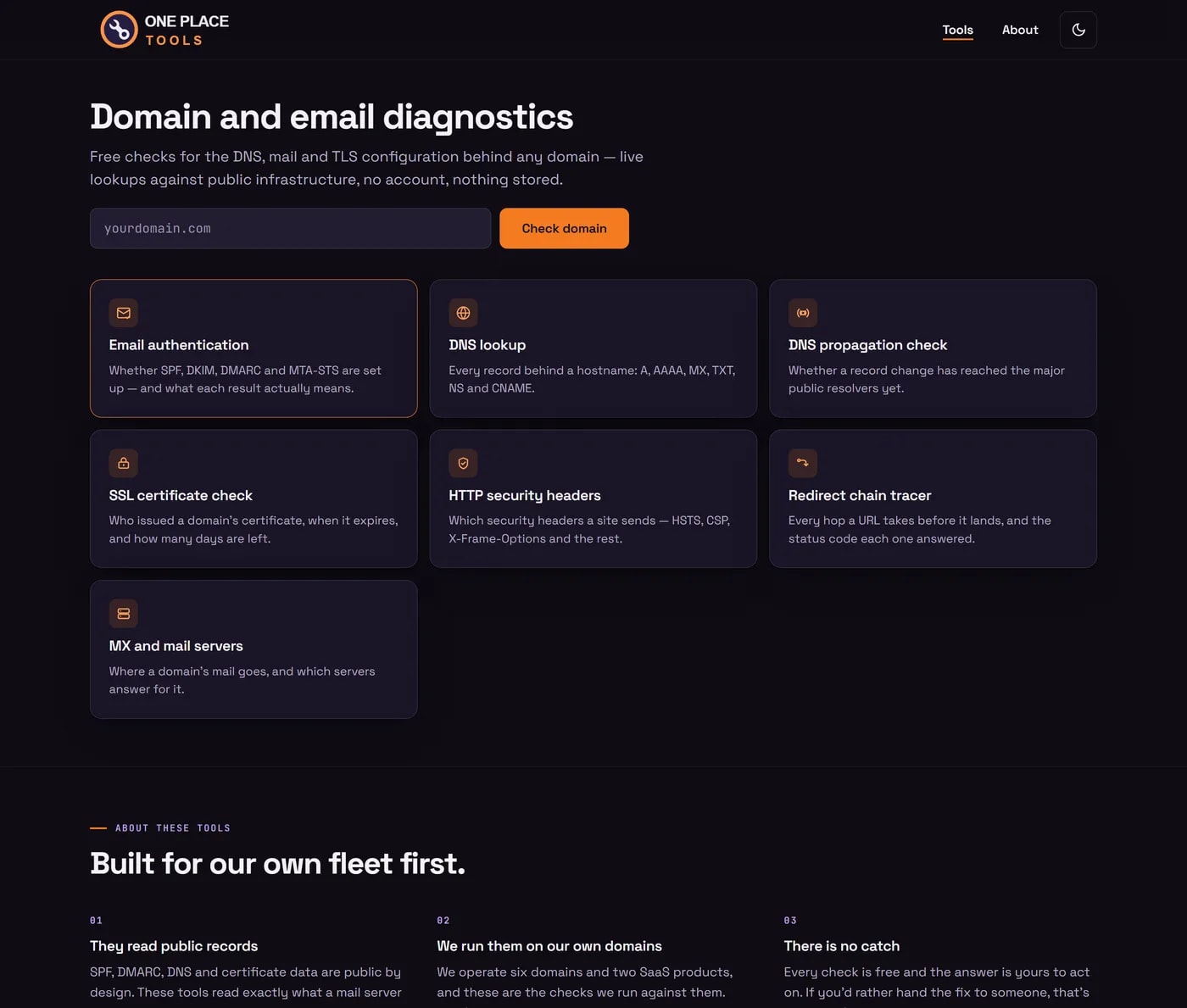 OnePlaceTools homepage — domain and email diagnostics including email authentication, DNS, SSL, security-header, redirect-chain and mail-server checks